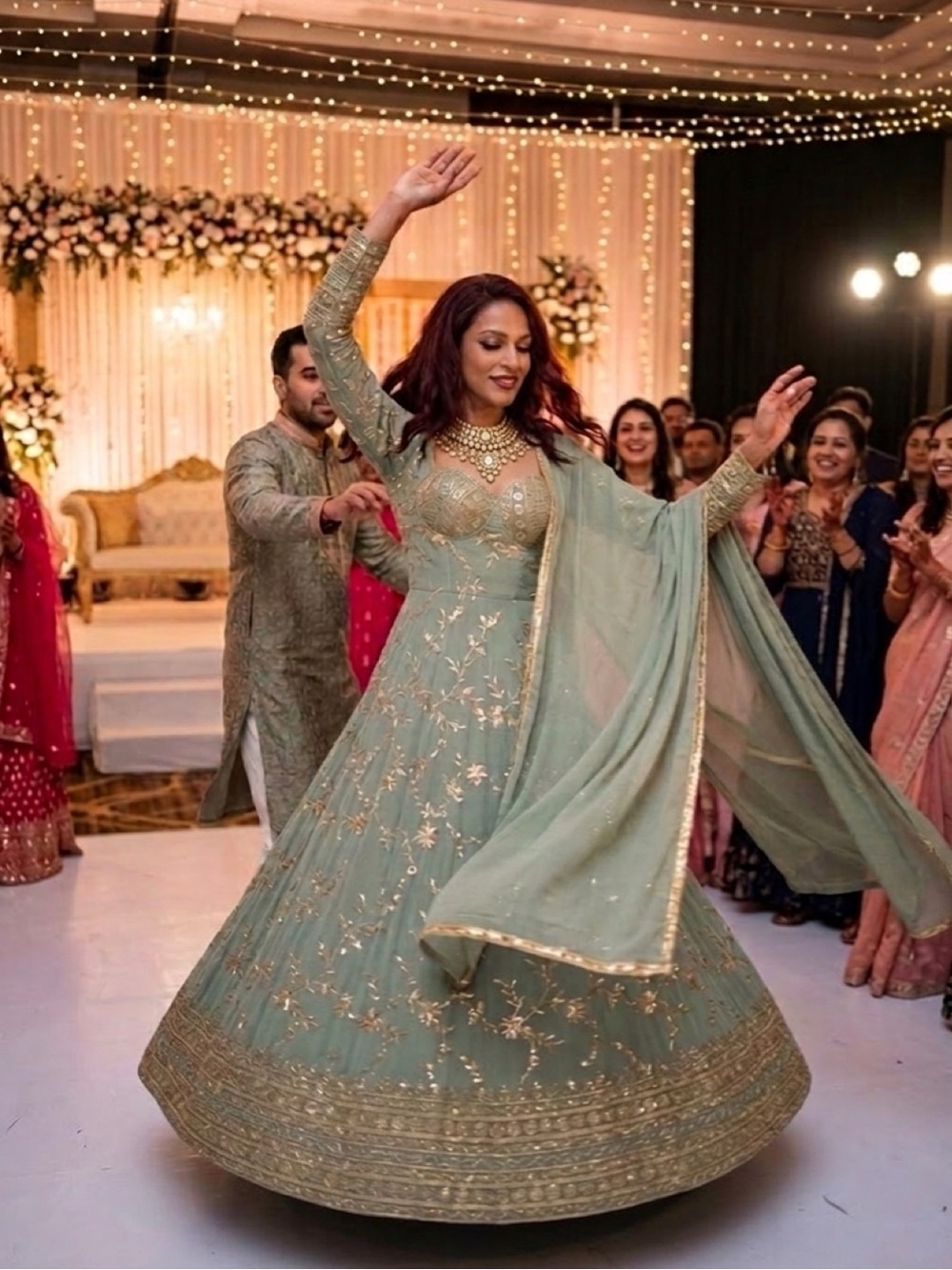 Women's Sage Green Embroidered Long Sleeve Anarkali Dress and pants with Dupatta